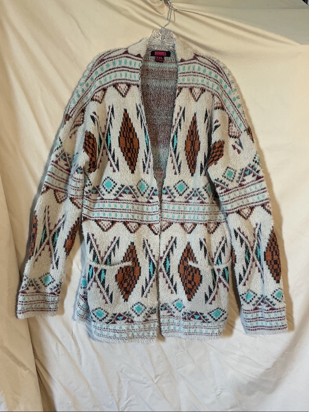 Cream Aztec Open-Front Cardigan with Brown & Aqua Accents
